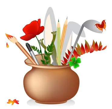 Clay pot with odds and ends - hodge-podge of different things Stock Illustration