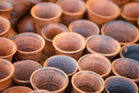 Clay pots are in rows. view from above Stock Photos