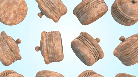 Clay Pots with Lids Falling on a Light Blue Background. Vintage Lid Containers. Stock Footage 294821138