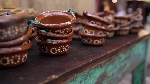 Clay pots on a wooden table Video stock 191287697