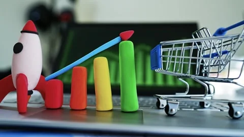 Clay Rocket and Bar Graph Symbolizing Growth, Colorful clay rocket and bar .. 動画素材 304878617