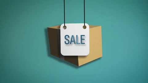 Clean 3D ecommerce animation showing a swinging sale sign attached to a parcel Stock Footage 328697806