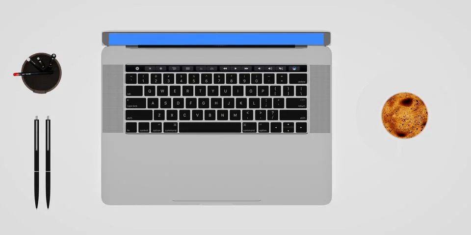 Clean 3D render of a laptop with coffee cup, notepad, smartphone, and earphones Stock Illustration