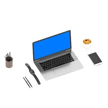 Clean 3D render of a laptop with coffee cup, notepad, smartphone, and earphones Stock Illustration