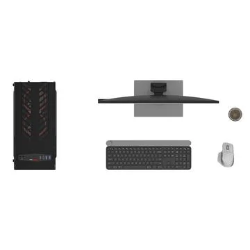 Clean 3D render of a laptop with coffee cup, notepad, smartphone, and earphones Stock Illustration