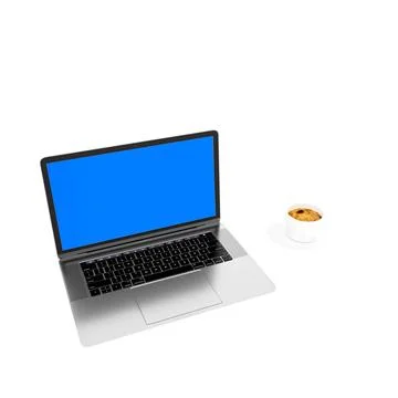 Clean 3D render of a laptop with coffee cup, notepad, smartphone, and earphones Stock Illustration