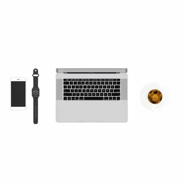 Clean 3D render of a laptop with coffee cup, notepad, smartphone, and earphones Stock Illustration