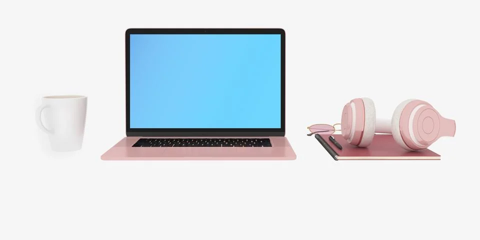 Clean 3D render of a laptop with coffee cup, notepad, smartphone, and earphones Stock Illustration
