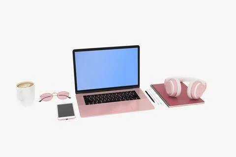 Clean 3D render of a laptop with coffee cup, notepad, smartphone, and earphones Stock Illustration