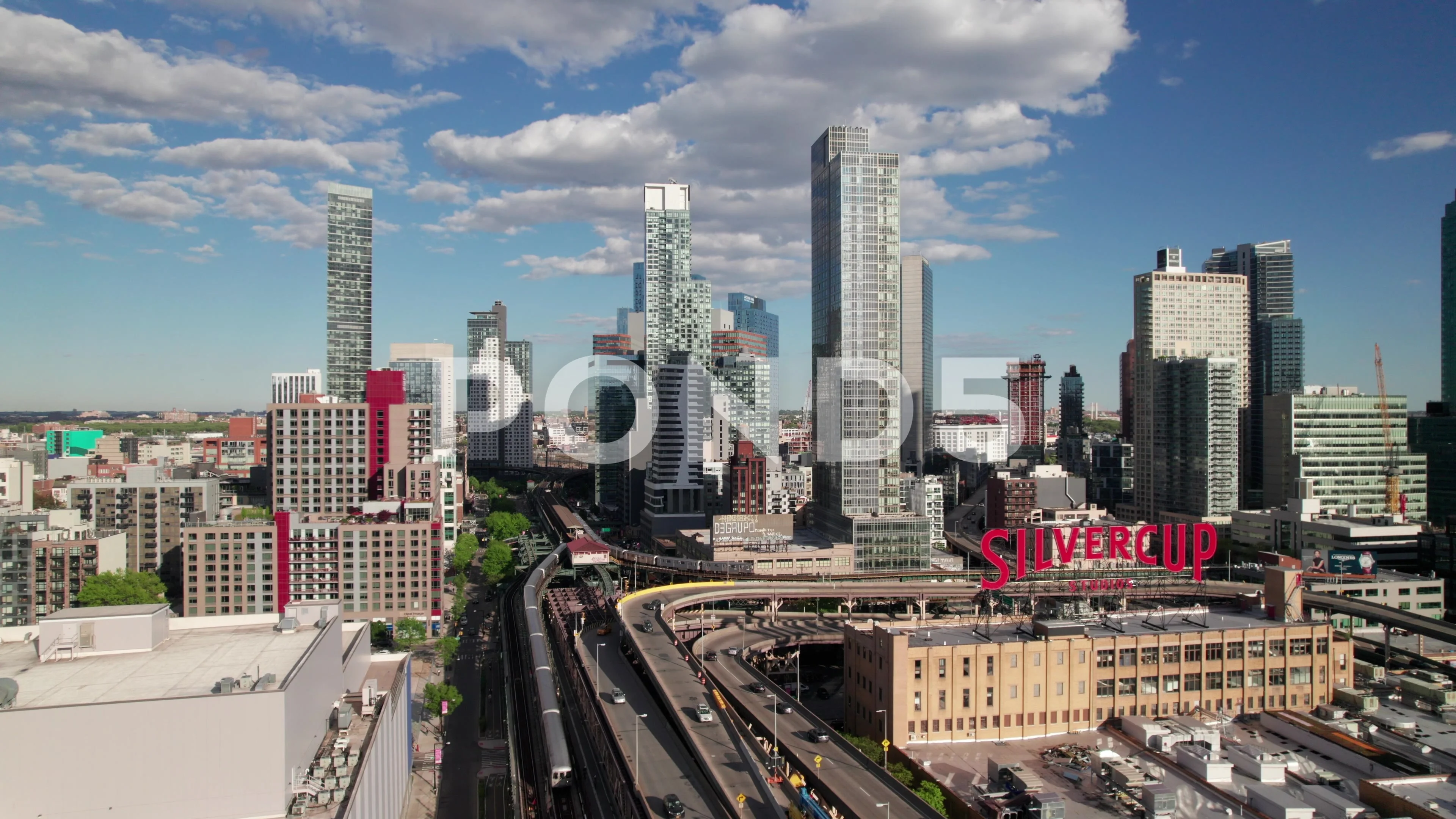 Clean aerial of Long Island City NYC with iconic Silvercup Studios sign