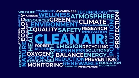 Clean Air Word Cloud Concept with Environmental and Ecology Terms on Blue B.. Stock Footage 343780061