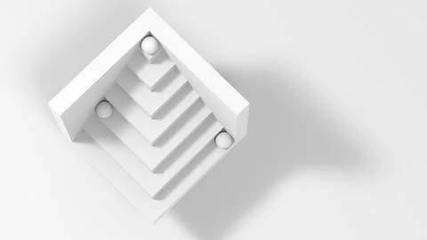 A clean, all-white sculpture features a stepped pyramid 3d Stock Illustration