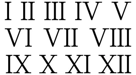 A clean and bold chart of Roman numerals from I to XII displayed in a class.. Stock Illustration