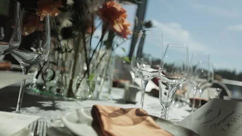 Clean and empty wine glasses on the table  Stock Footage 308447494