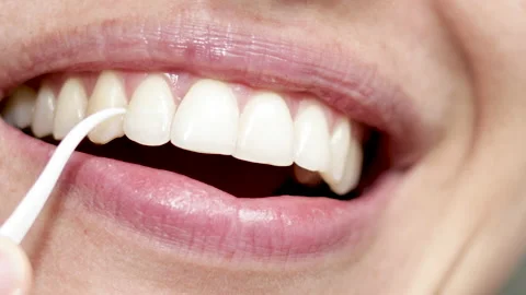 Clean and floss space between teeth with plastic toothpick Vídeo Stock 191035463