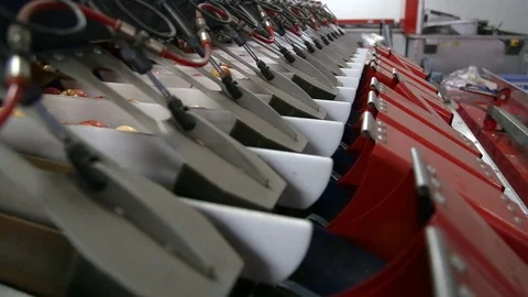 Clean and fresh apples on conveyor belt in food processing facility, ready for Stockbeeldmateriaal 125664853