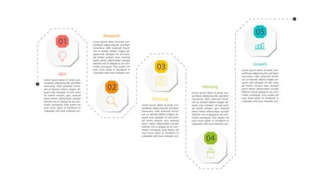 Clean and modern 5-step business process infographic with hexagonal icons. Stock Illustration