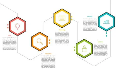 Clean and modern 5 step business process infographic with hexagonal Stock Illustration