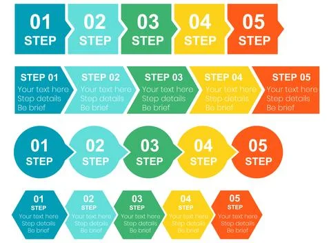 Clean and modern infographic set with multiple five-step process layouts incl Stock Illustration