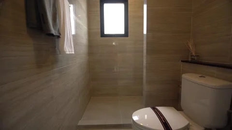 Clean and Nice Beige Tile Wall Bathroom, Walkthrough Vídeos de archivo 250121278