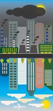Clean and polluted city, reflection.Ecology problem concept. Stock Illustration