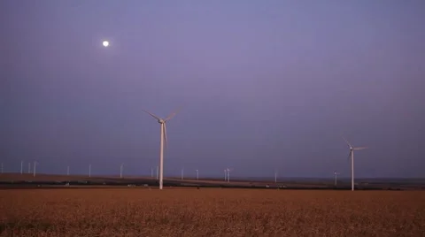 Clean and Renewable Energy, Wind Power, Turbine, Windmill, Moonrise, Moon Rise Stock Footage