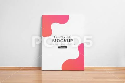 Clean art canvas leaning against a white wall. Parquet floor with reflection PSD Template