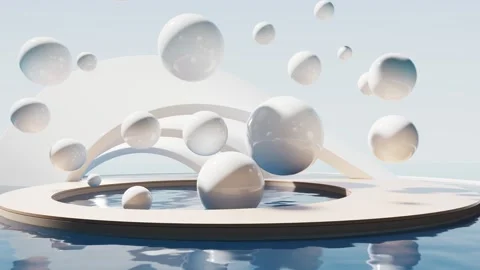 Clean background of white floating spheres over a pool of water, motion foo.. Vídeos de archivo 332337275