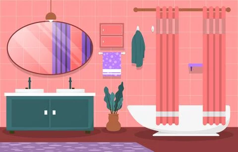 Clean Bathroom Interior Design Mirror Bathtub Furniture Flat Illustration Stock Illustration