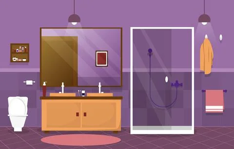 Clean Bathroom Interior Design Mirror Shower Furniture Flat Illustration Illustrazione stock