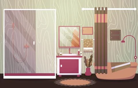 Clean Bathroom Interior Design Mirror Bathtub Furniture Flat Illustration 스톡 일러스트