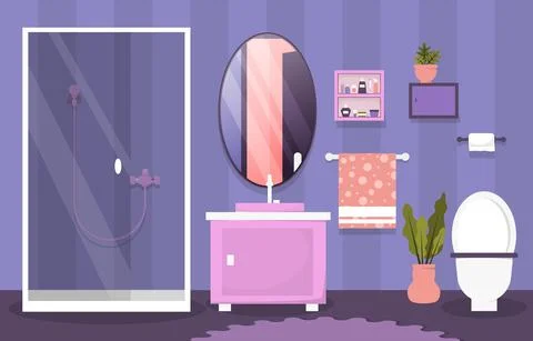 Clean Bathroom Interior Design Mirror Shower Furniture Flat Illustration Illustrazione stock