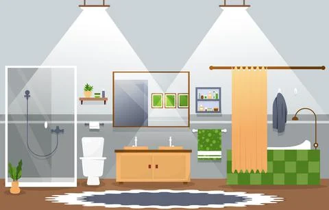 Clean Bathroom Interior Design Mirror Shower Furniture Flat Illustration Illustrazione stock