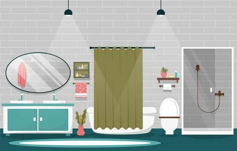 Clean Bathroom Interior Design Mirror Bathtub Furniture Flat Illustration Illustrazione stock