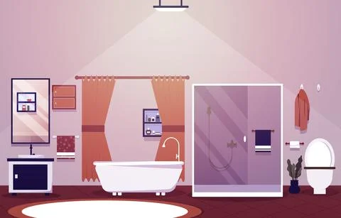 Clean Bathroom Interior Design Shower Bathtub Furniture Flat Illustration Illustrazione stock