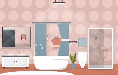 Clean Bathroom Interior Design Shower Bathtub Furniture Flat Illustration Stock Illustration