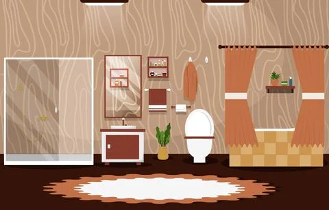 Clean Bathroom Interior Design Shower Bathtub Furniture Flat Illustration Illustrazione stock