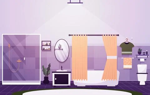 Clean Bathroom Interior Design Shower Bathtub Furniture Flat Illustration Stock Illustration