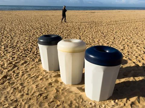Clean beach garbage bins. garbage containers for separate collection of gar.. 스톡 사진