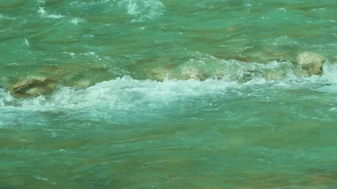 Clean Bhagirathi River Flowing through Rocky Banks In Uttarkashi, Uttarakhand Stock Footage 145340342