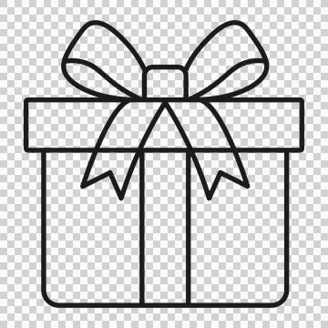 A clean black and white line art icon of a gift box with a bow. Stock Illustration