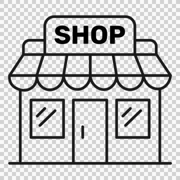 A clean black and white line art icon of a small shop building with a sign. Stock Illustration