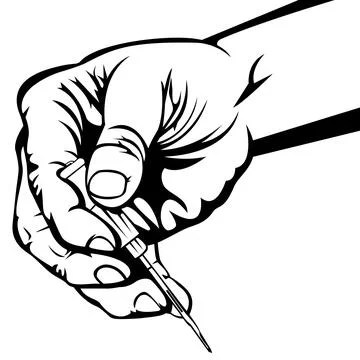 Clean black and white vector illustration of a hand holding a small screwdr.. Stock Illustration