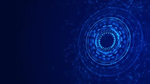 Clean blue tech interface visual with circular HUD ring on right, glowing nodes, Stock Footage 340550478