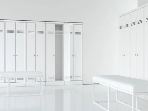 Clean bright interior of locker room. 3d rendering Stock Illustration
