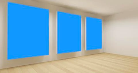 Clean business room, empty 3d space with three blue chroma key frames Stock Illustration