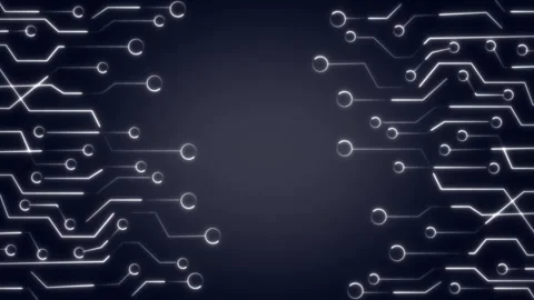Clean circuit traces map out data pathways over dark blue screens. Geometri.. Stock Footage 340528332