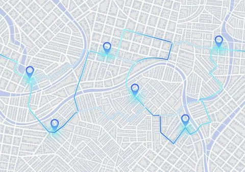 Clean city map background with tracking route and blue location pins. Vector Stock Illustration