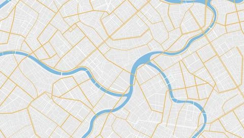 Clean city map background with winding blue river and yellow street network on Stock Illustration