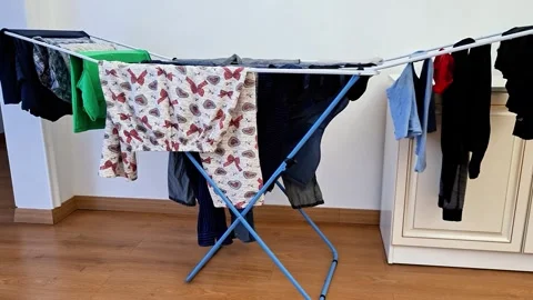 Clean Clothes and Laundry Drying on a Metal Drying Rack Indoors Stock Footage 338317566